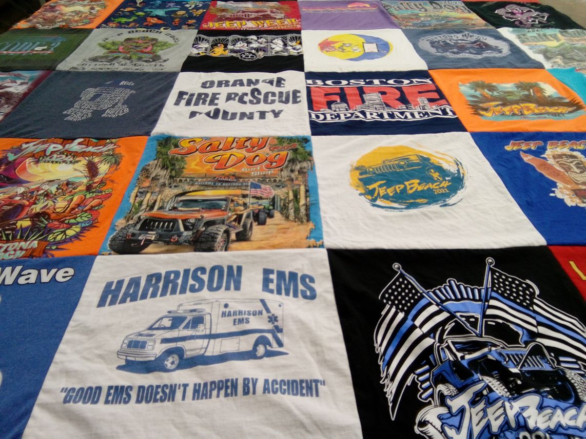 T-shirt quilt with jeeps, firefighting themes by Rachel from FL