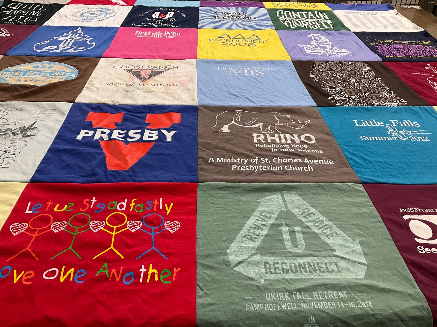 T-shirt quilt with youth service, presbyterian church themes by Katherine from NC