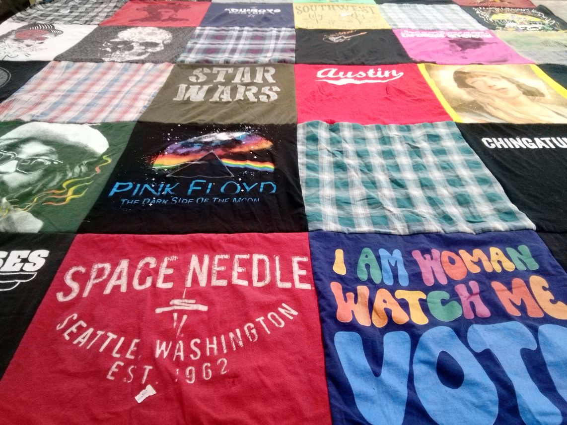 T-shirt quilt with music, star wars themes by Dana from TX