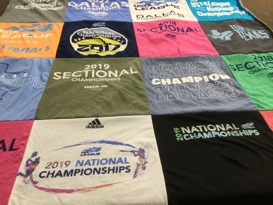 T-shirt quilt with tennis themes by Suzanne from TX