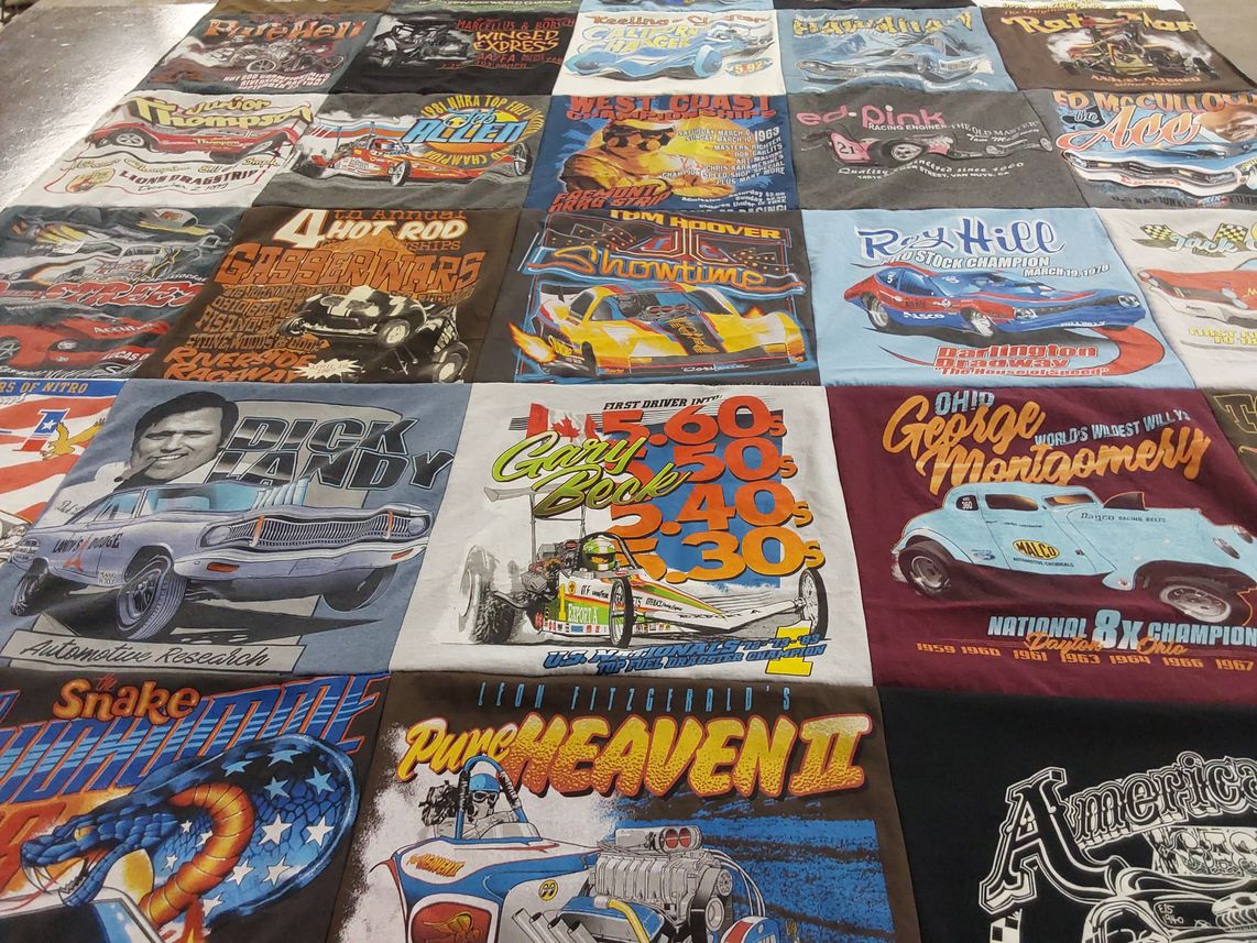 T-shirt quilt with automotive, racing themes by Leona from HI