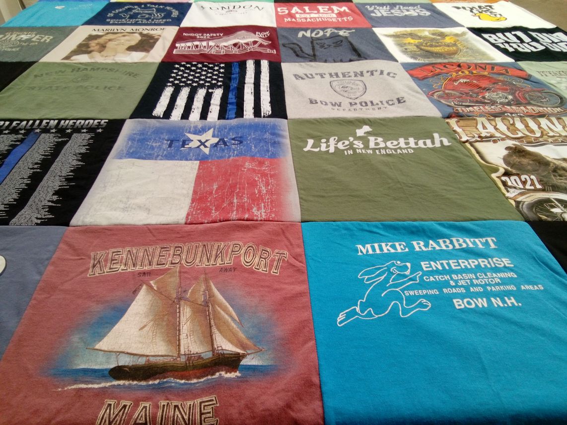 T-shirt quilt with travel, history themes by jennifer from NH