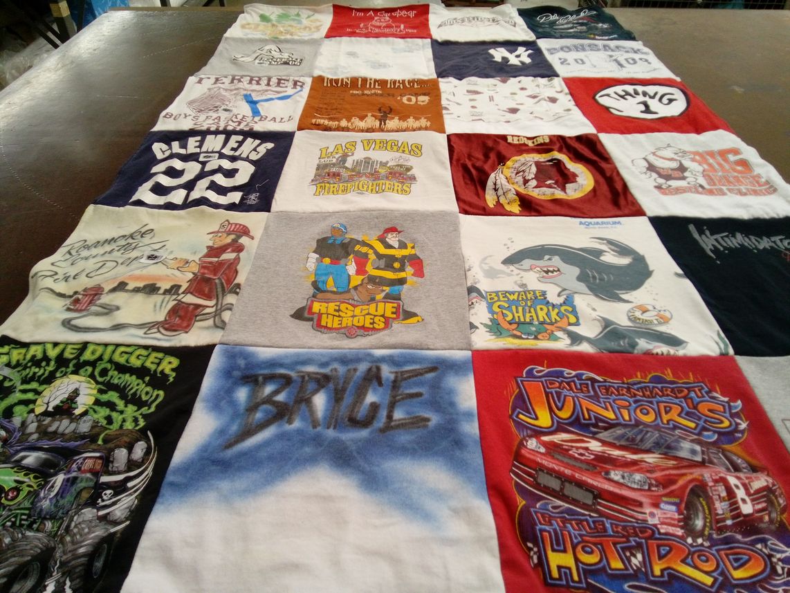 T-shirt quilt with firefighting, monster themes by Angie from VA