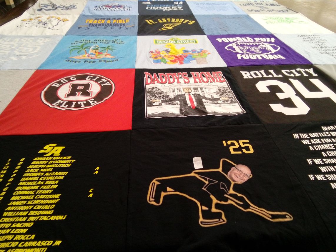 T-shirt quilt with sports, hockey themes by Tara from NY