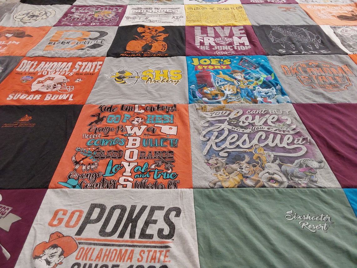 T-shirt quilt featuring oklahoma state university cowboys by Kathleen from OK