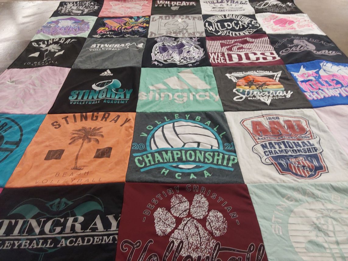 T-shirt quilt with volleyball, sports themes by Andrea from OK