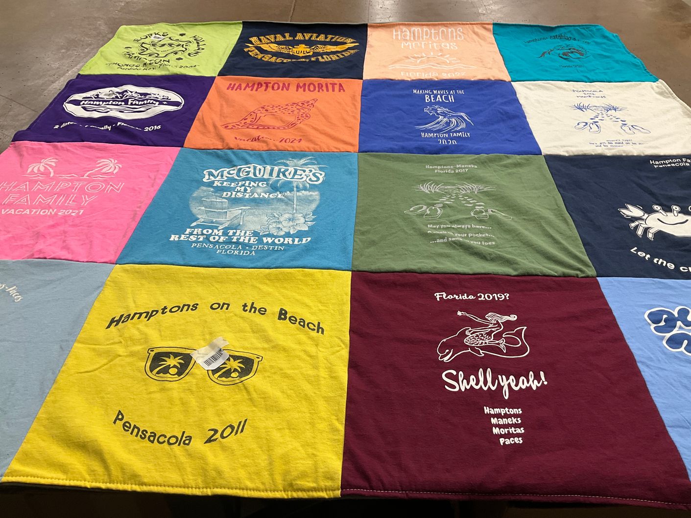 T-shirt quilt with beach, vacation themes by Claudia from OK