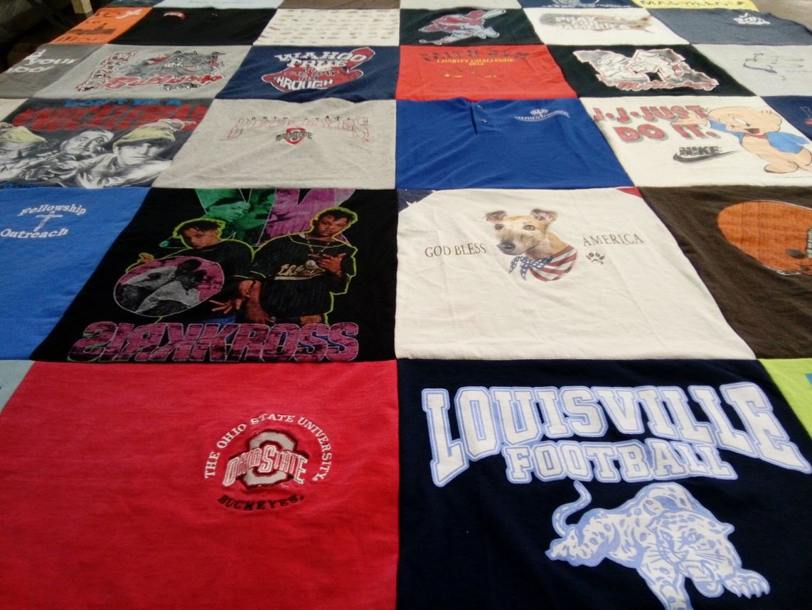 T-shirt quilt featuring the ohio state university buckeyes, university of louisville football by Diane from OH