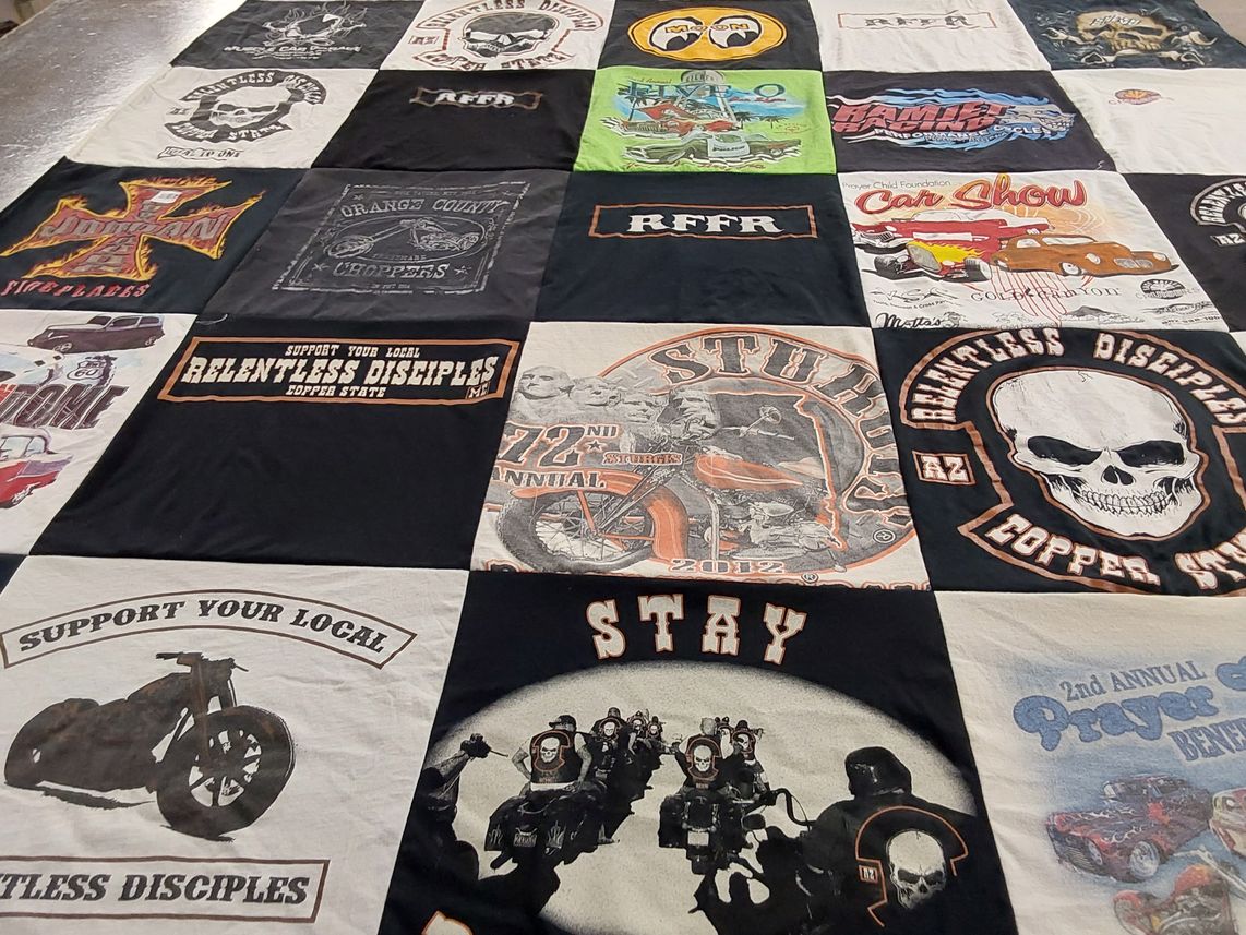 T-shirt quilt with motorcycles, car shows themes by John from AZ