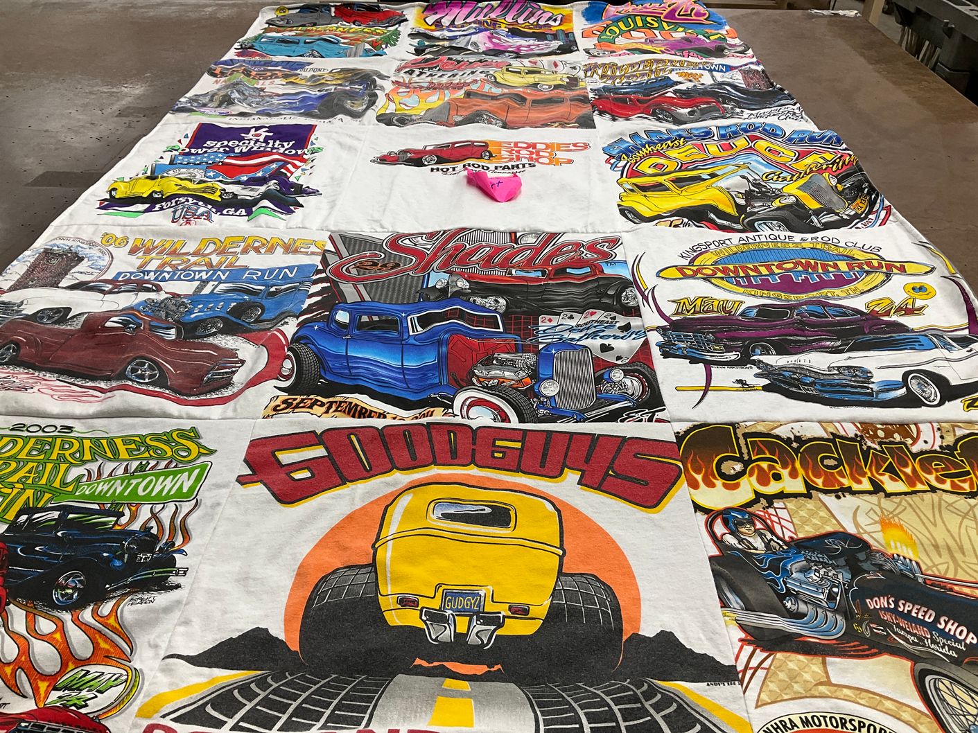 T-shirt quilt with car shows, hot rods themes by Constance from TN