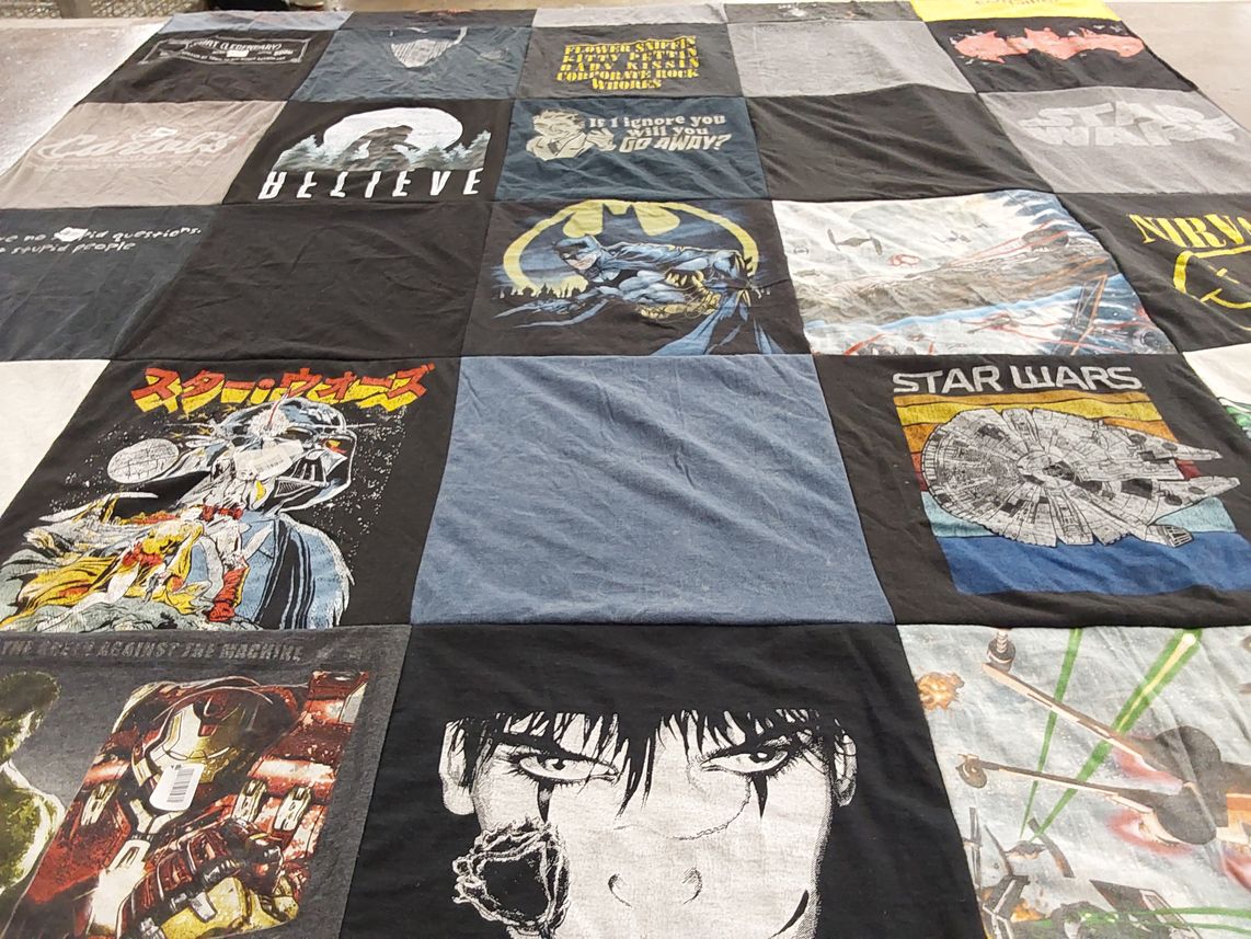 T-shirt quilt with comics, movies themes by Stephanie from PA