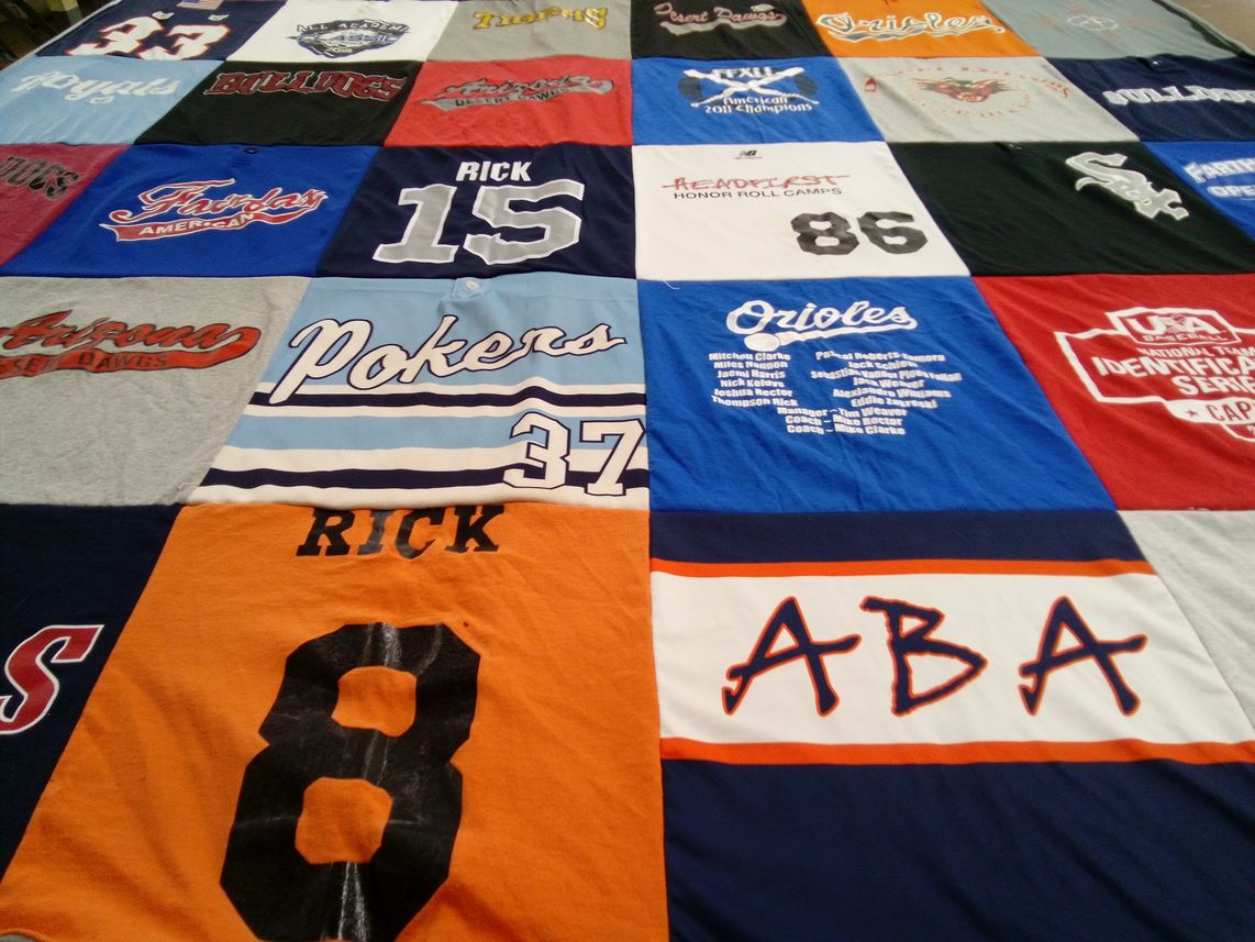 T-shirt quilt with sports, baseball themes by Leslie from FL