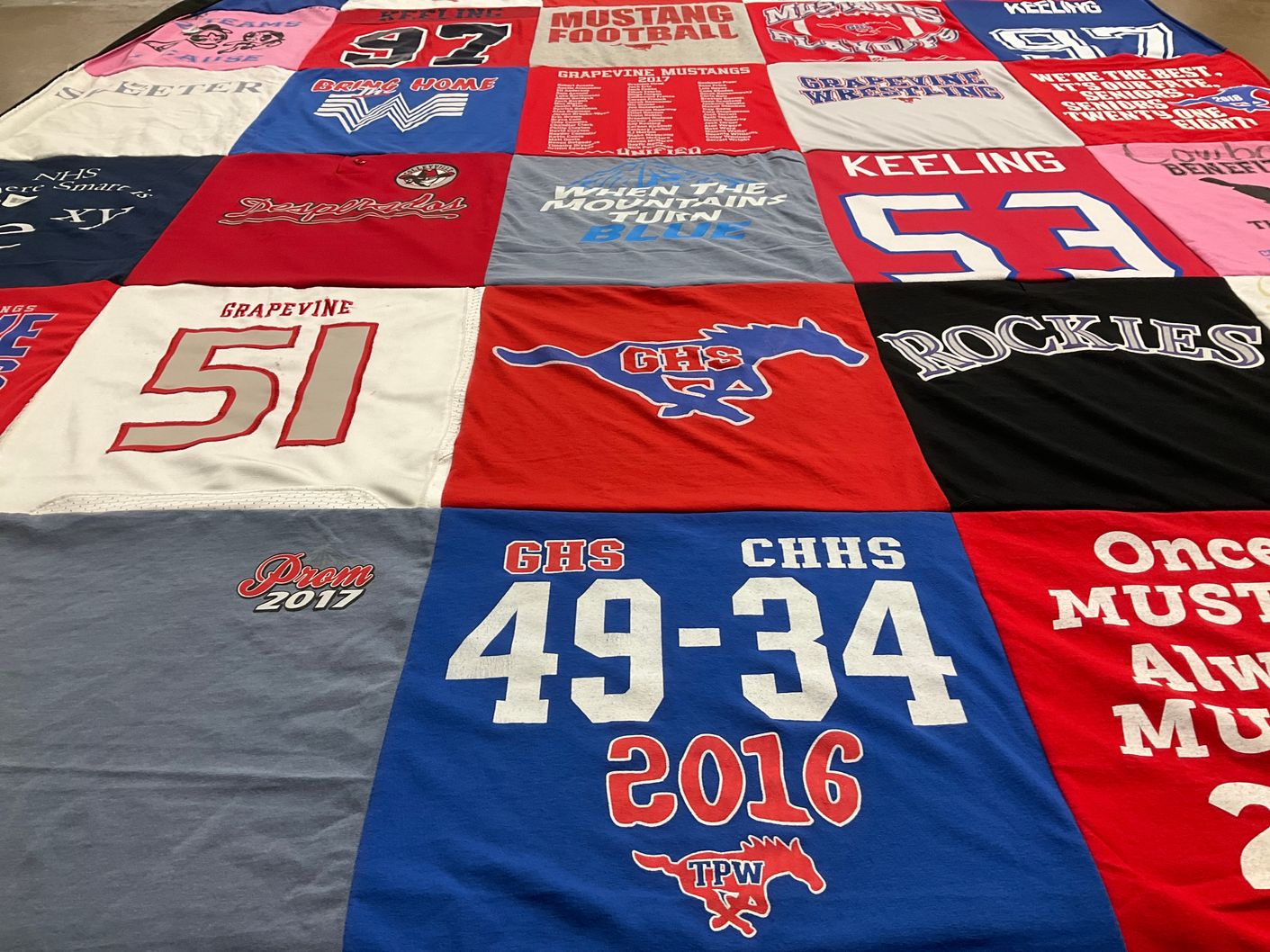 T-shirt quilt featuring grapevine mustangs, colleyville heritage mustangs by jamie from TX