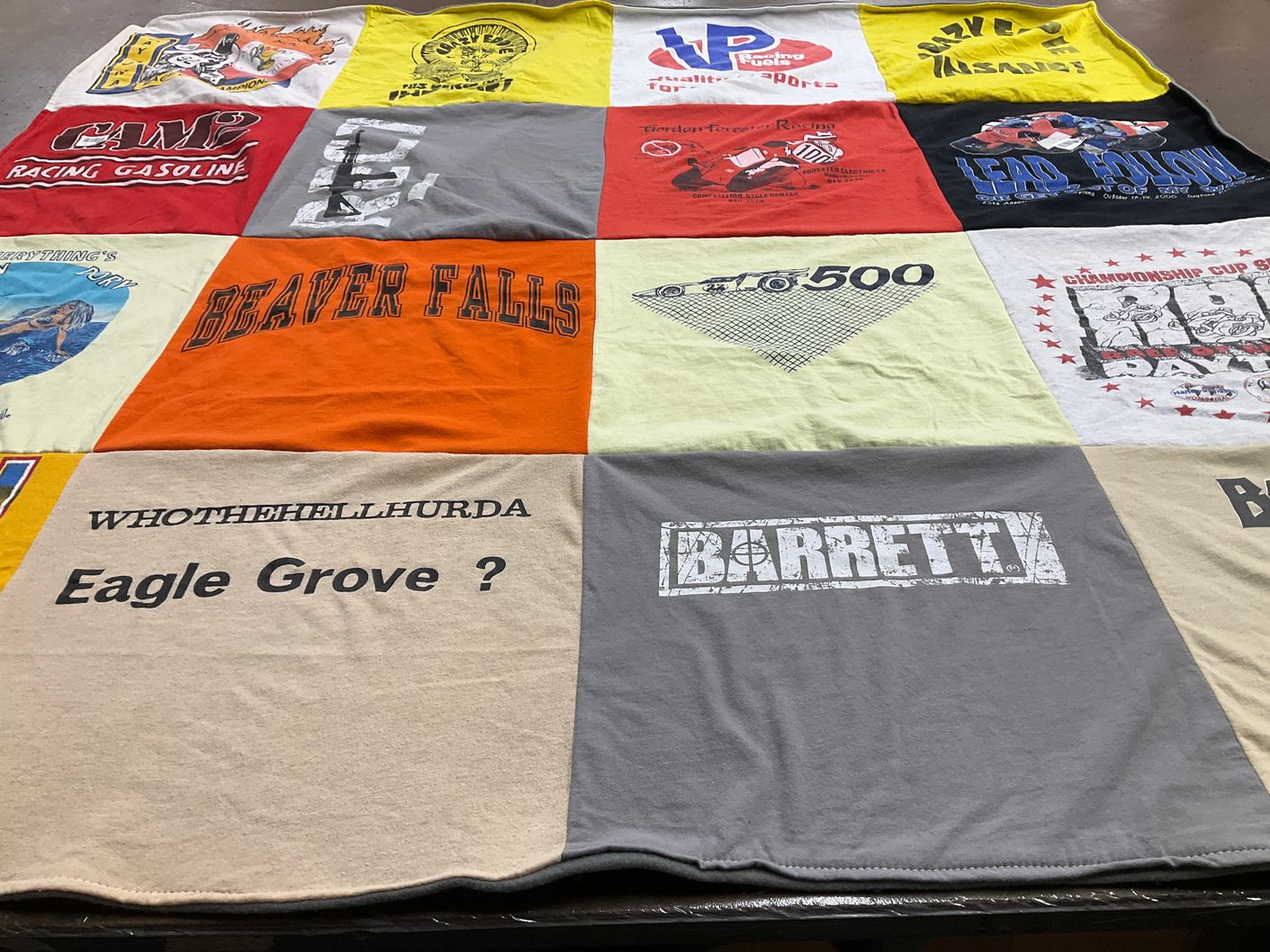 T-shirt quilt with racing, gasoline themes by Mary from FL