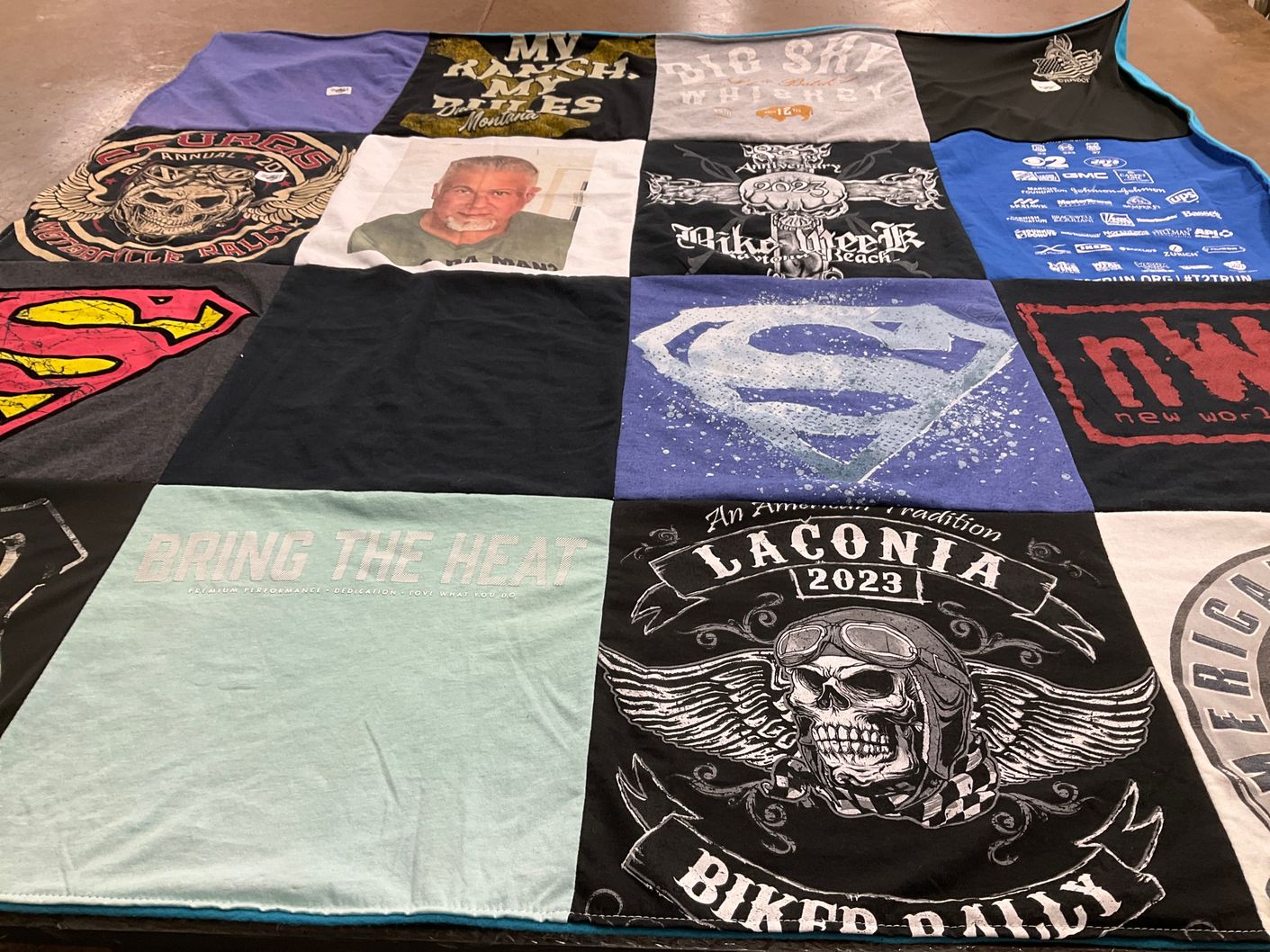 T-shirt quilt with motorcycles, biking themes by Patricia from CA