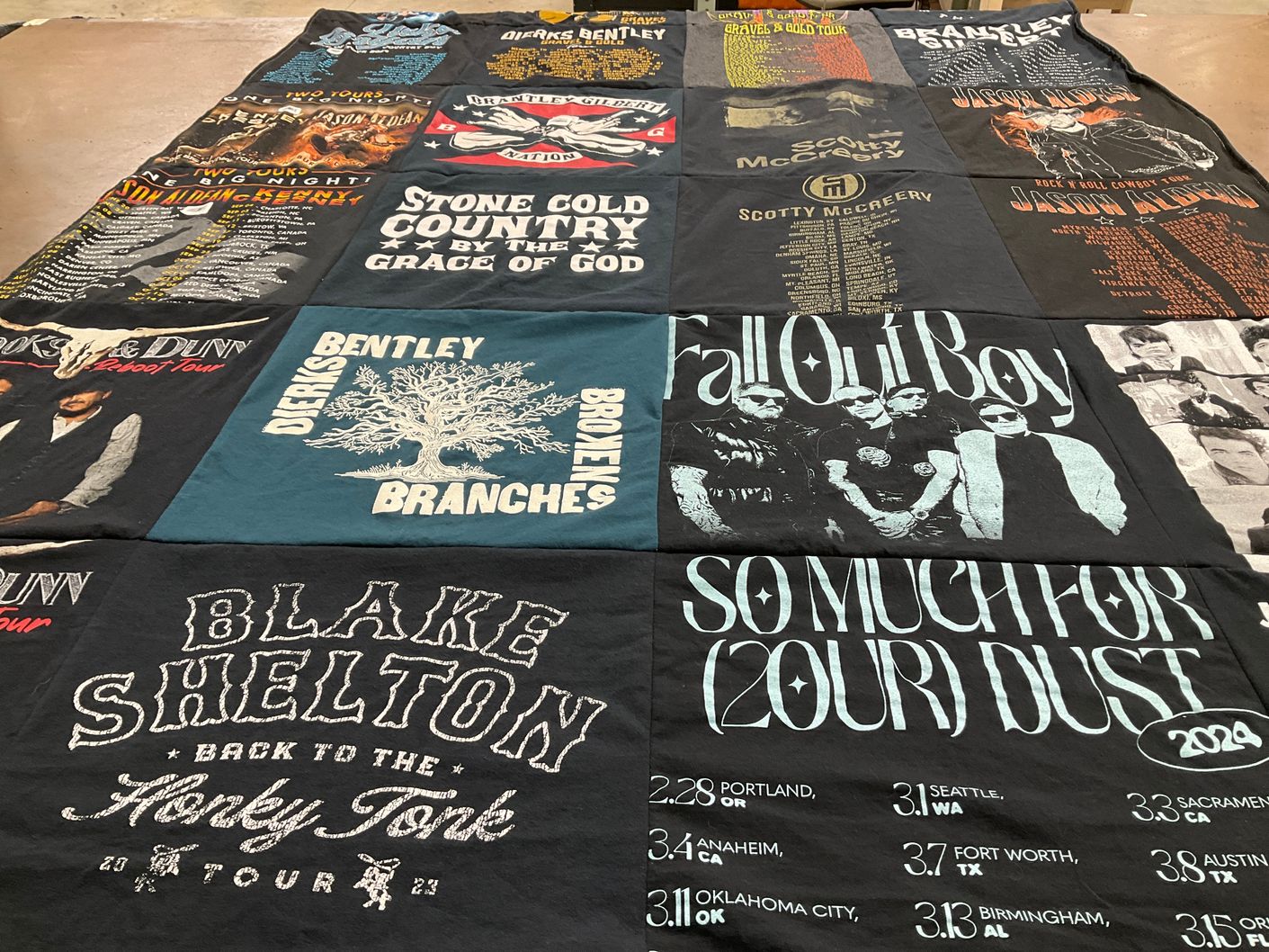 T-shirt quilt with country music, rock music themes by Kaitlin from NE