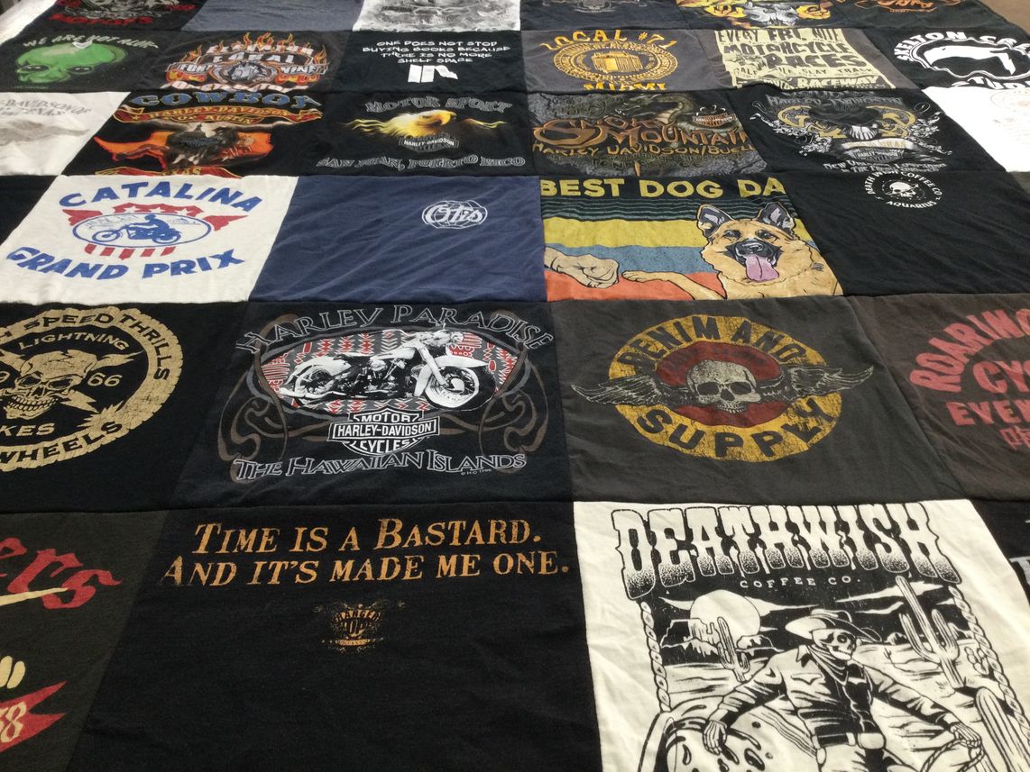 T-shirt quilt with motorcycles, coffee themes by Cheryl from TN