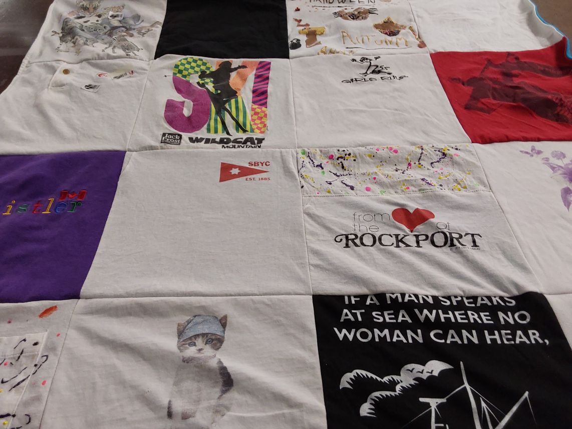 T-shirt quilt with skiing, cats themes by Stephanie from MA