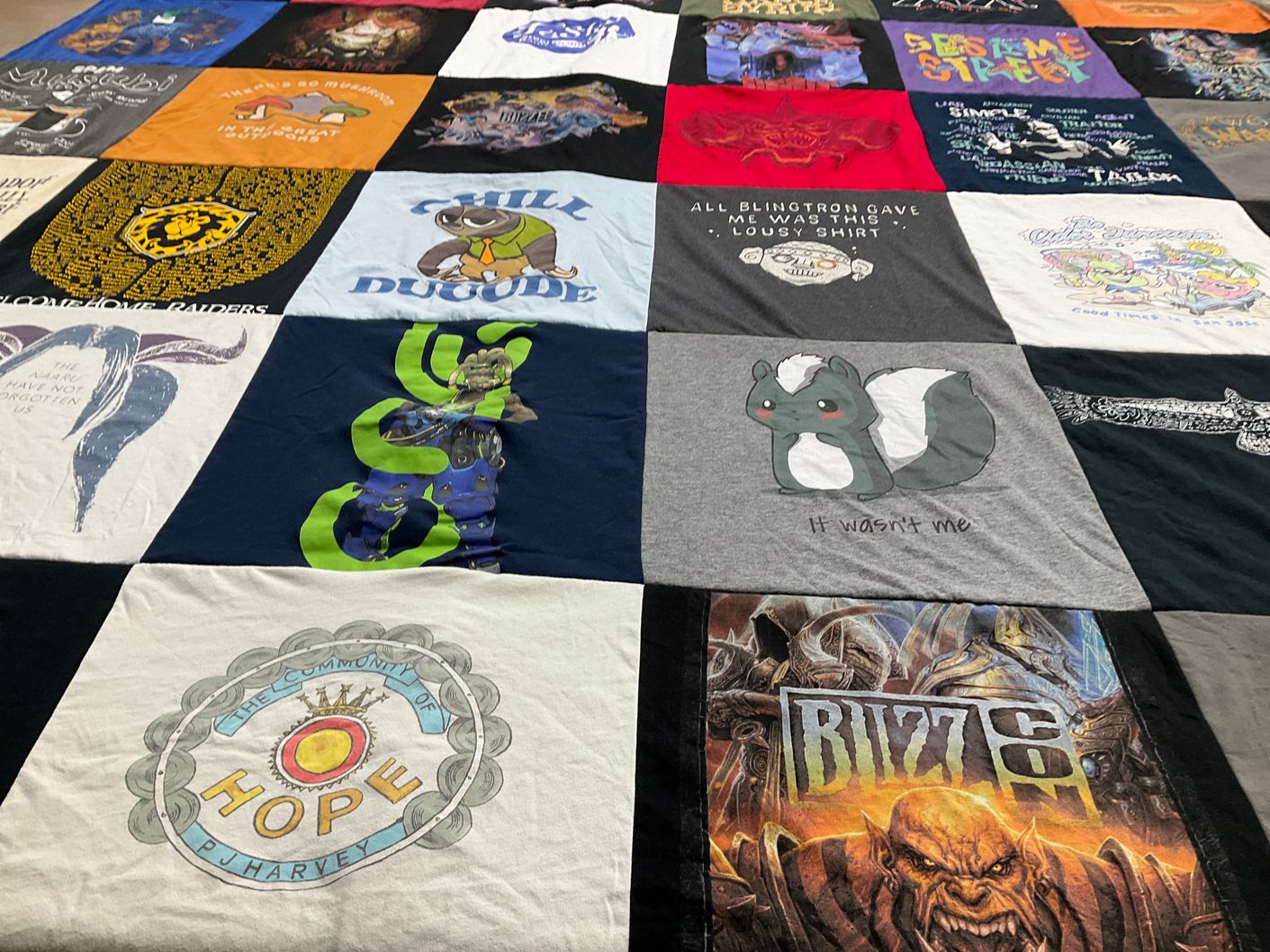 T-shirt quilt with gaming, video games themes by Sarah from CA