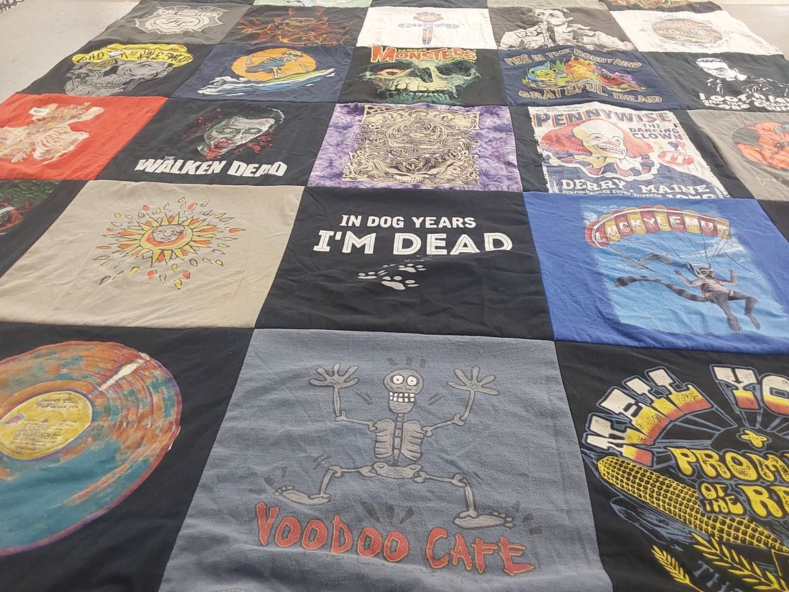 T-shirt quilt with music, horror themes by Debren from OR
