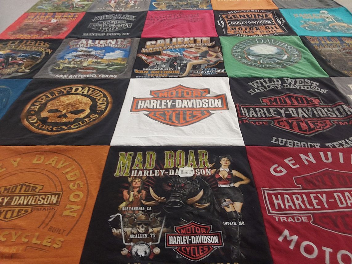 T-shirt quilt with motorcycles, biking themes by Rita from TX