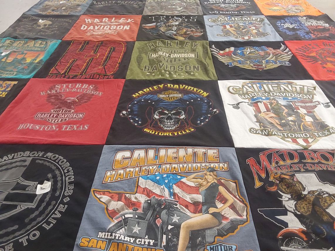 T-shirt quilt with motorcycling, biking themes by Rita from TX