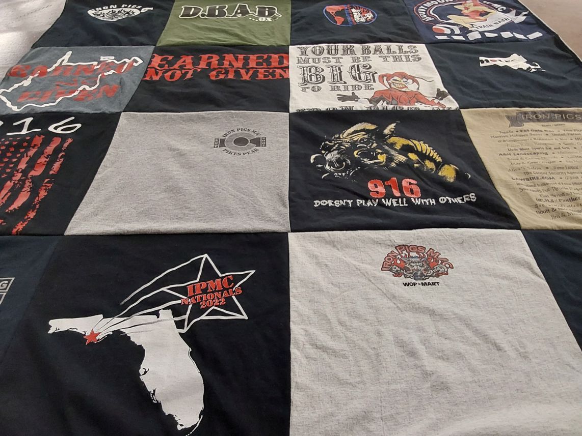 T-shirt quilt with motorcycling, biking themes by Shelly from SC