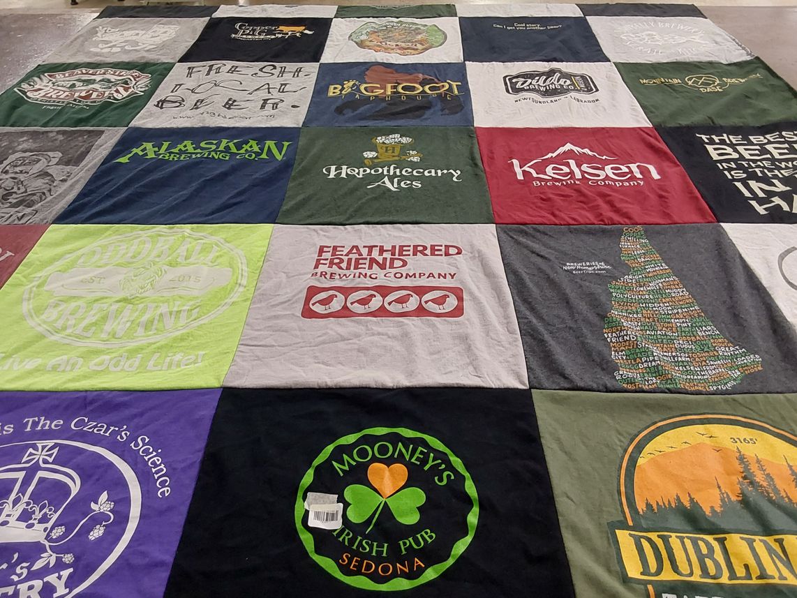 T-shirt quilt with craft beer, brewing themes by Kendra from NH