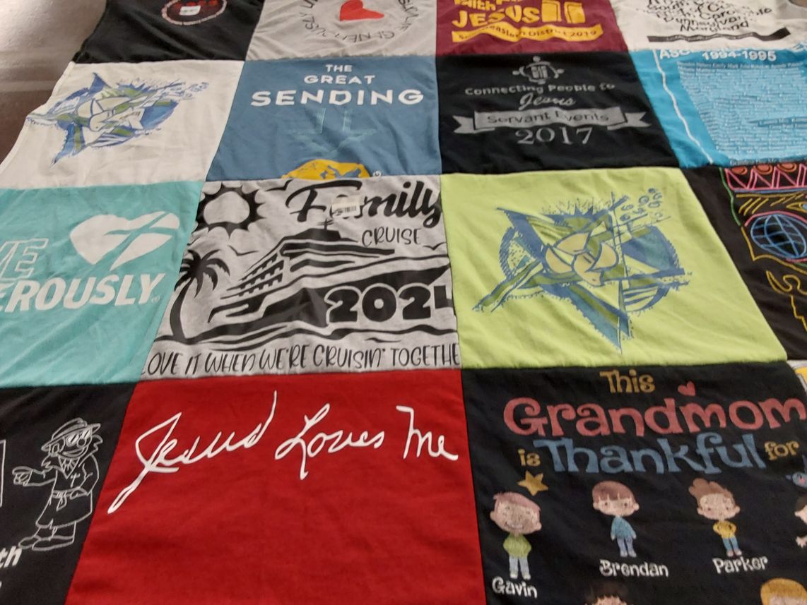 T-shirt quilt with faith, community themes by Sally from MD