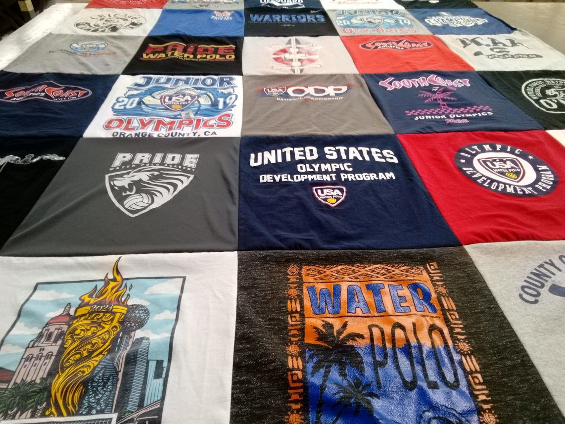 T-shirt quilt with water polo, olympics themes by Tracy from CA