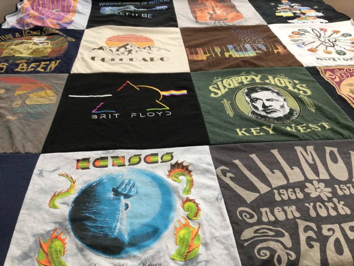 T-shirt quilt with music, travel themes by Wendy from FL