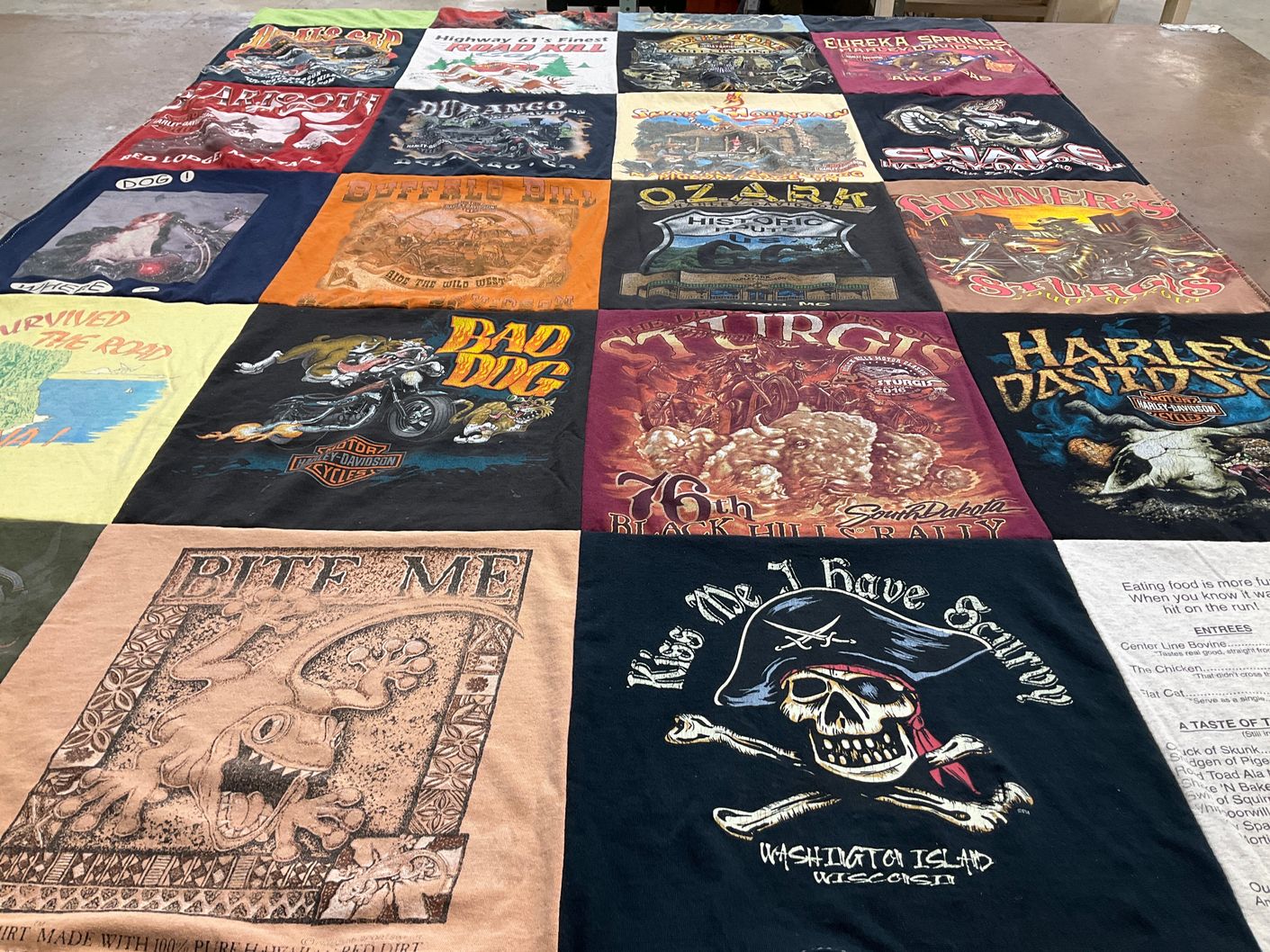 T-shirt quilt with motorcycles, travel themes by Denise from IL