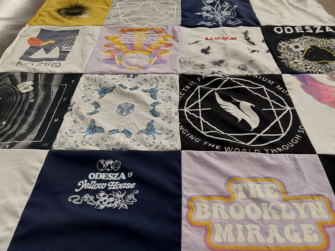 T-shirt quilt with music, electronic dance music themes by Meghan from DC