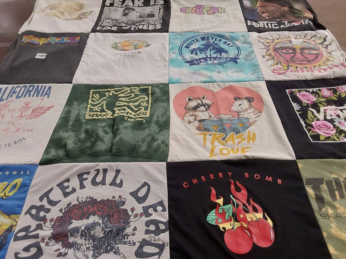 T-shirt quilt with music, art themes by Misty from CA