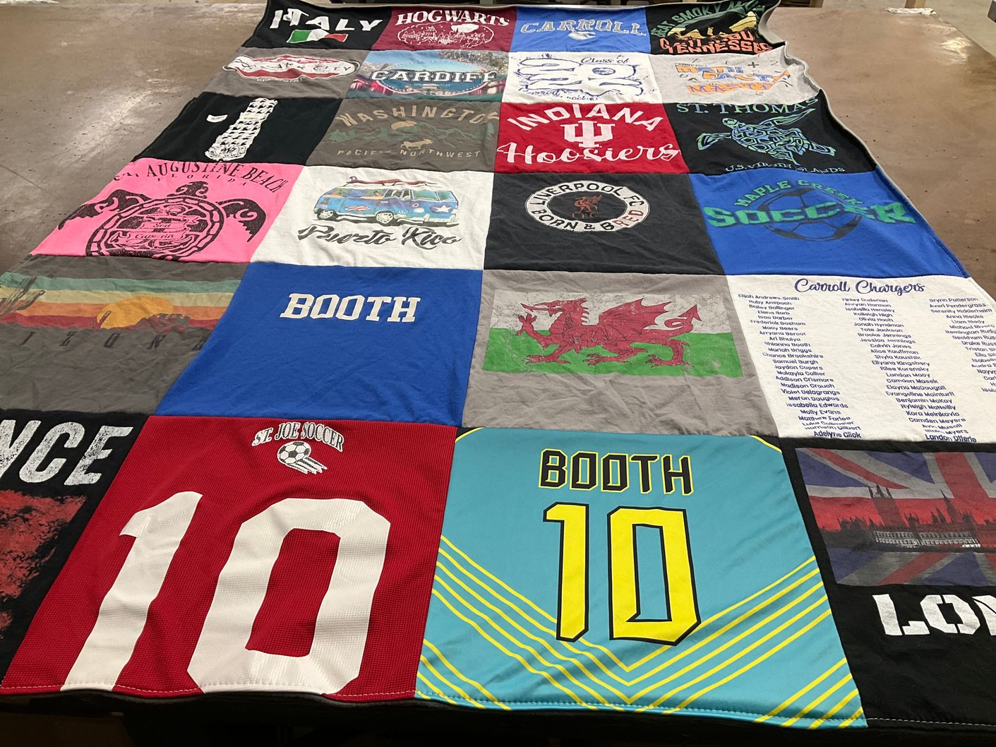 T-shirt quilt featuring indiana hoosiers, carroll chargers by Trisha from IN