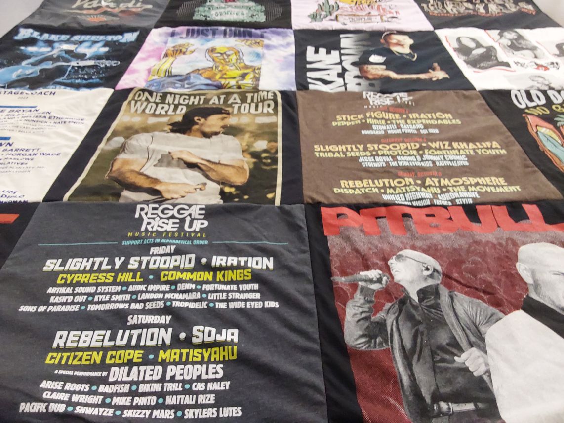 T-shirt quilt with music, reggae themes by Monica from CA