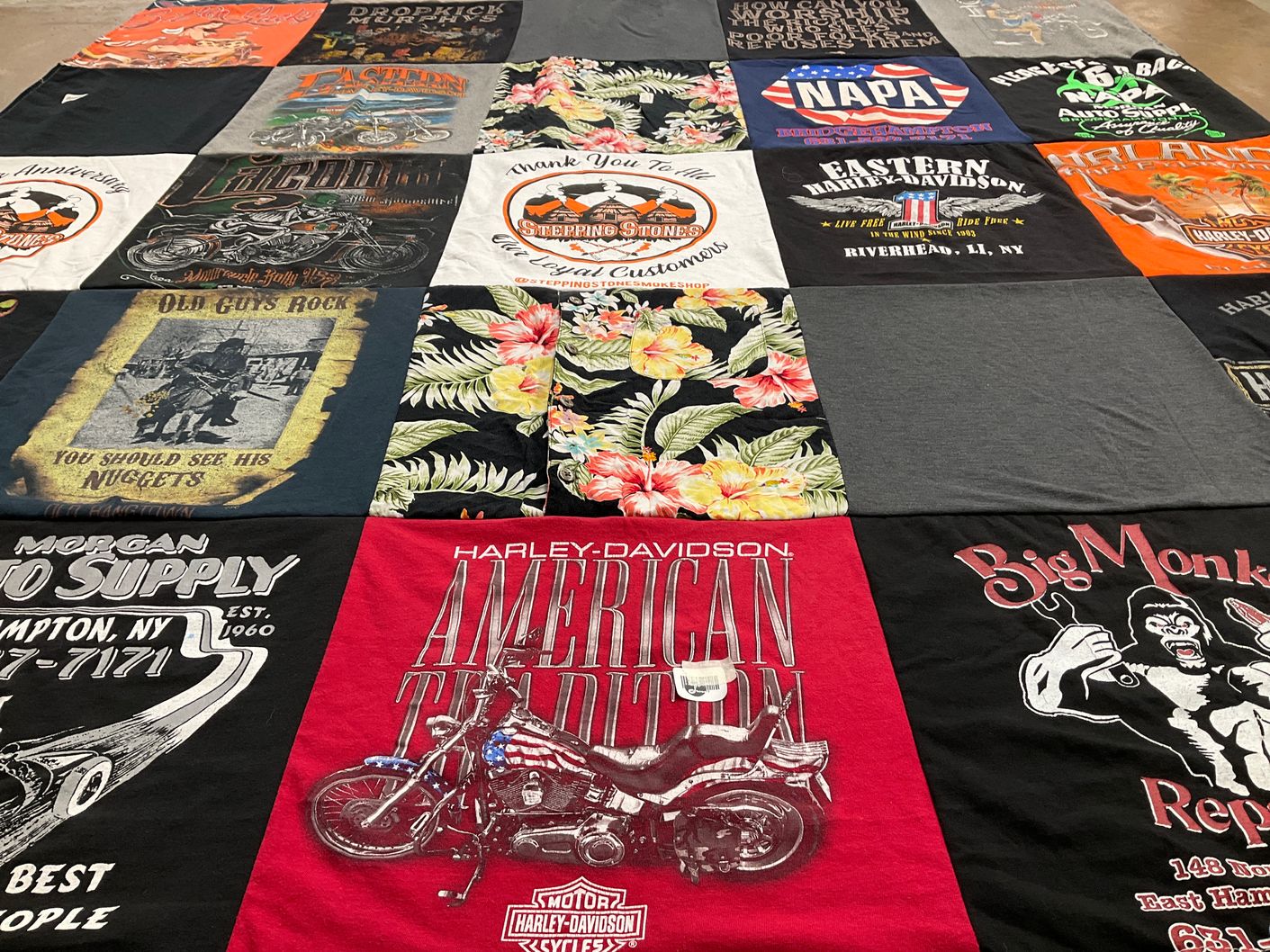T-shirt quilt with motorcycles, repair themes by Anne from NY