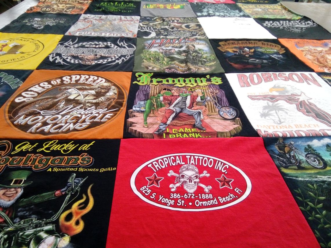 T-shirt quilt with motorcycles, tattoos themes by Jason from NC