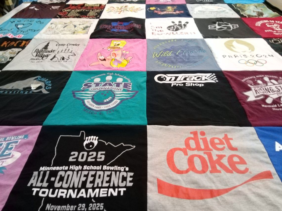 T-shirt quilt featuring minnesota high school bowling team by Angela from MN