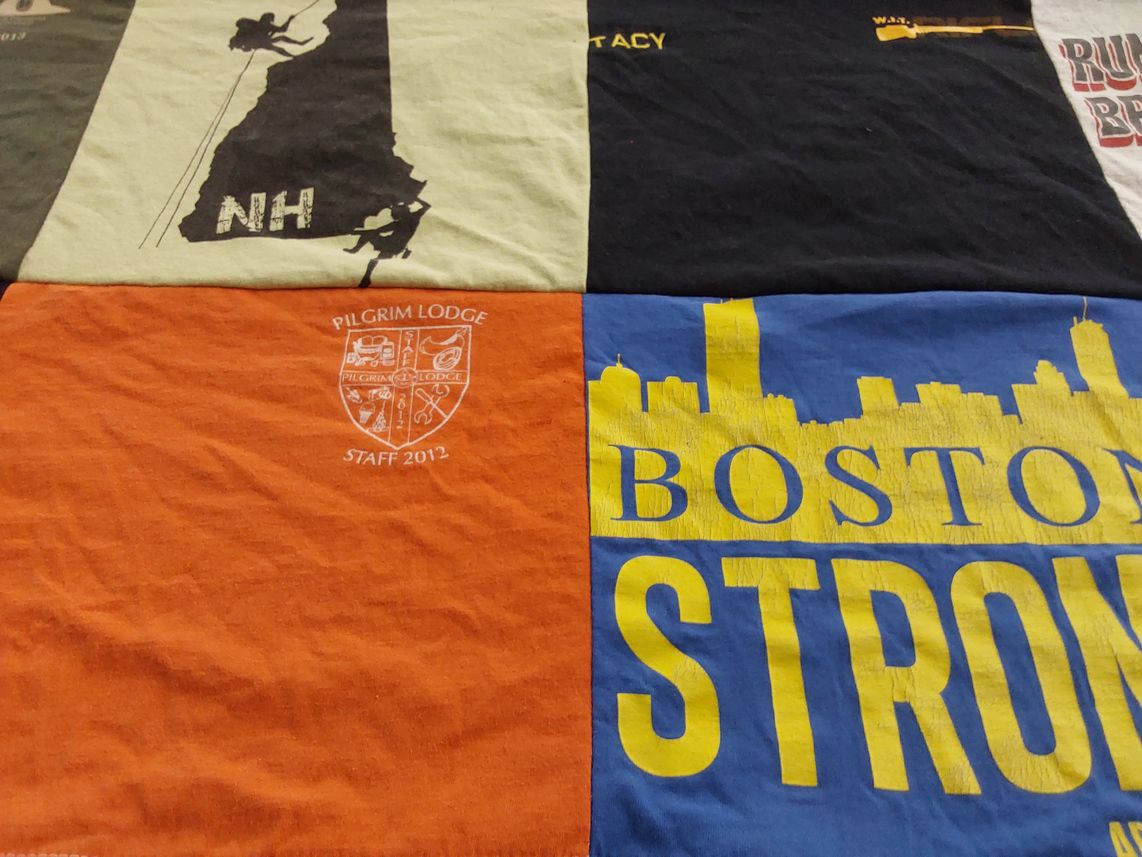 T-shirt quilt with hiking, outdoors themes by Danielle from MA