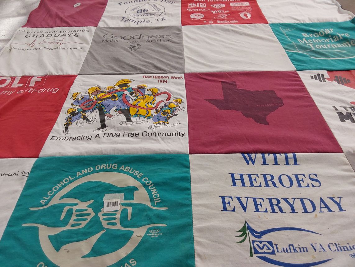 T-shirt quilt with drug awareness, community service themes by Jan from TX