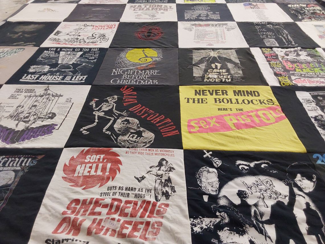 T-shirt quilt with punk music, horror films themes by DUANE from OH