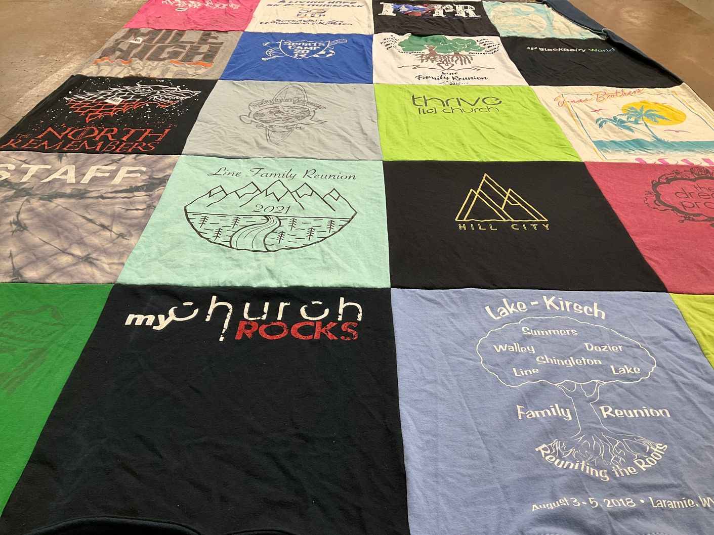 T-shirt quilt with family, church themes by Hannah from CO