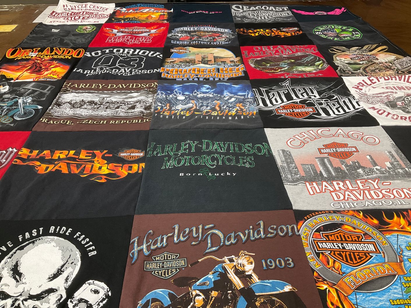 T-shirt quilt with motorcycles, biking themes by Mary from NH