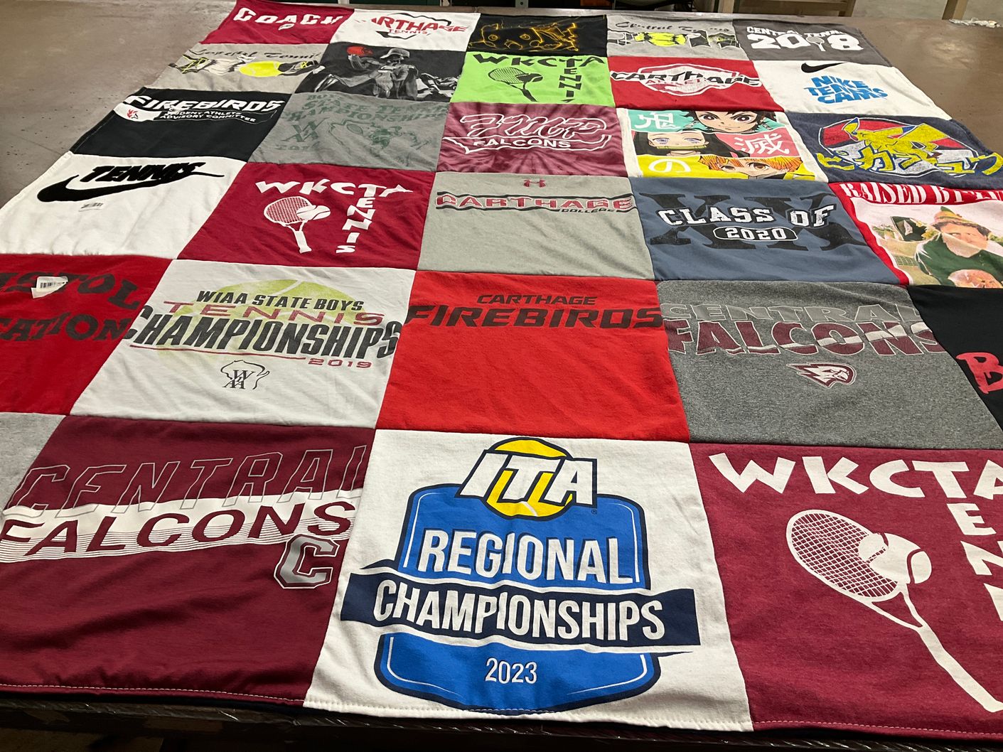 T-shirt quilt featuring carthage firebirds, central falcons by Melody from WI