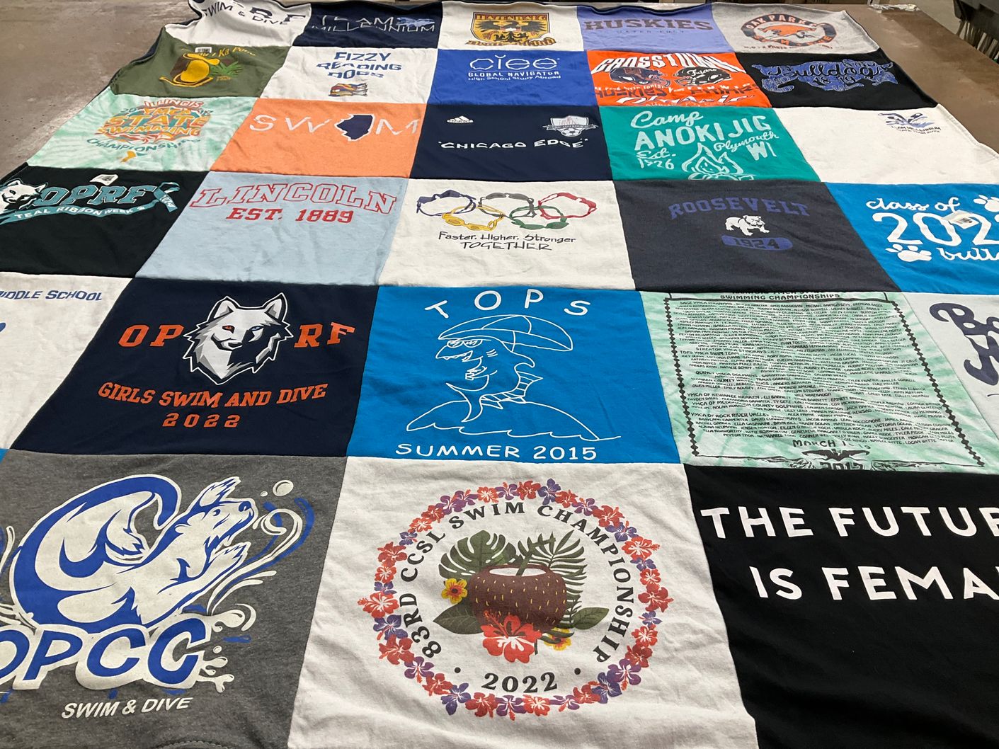 T-shirt quilt featuring oprf girls swim and dive, opcc swim and dive by Julie from IL