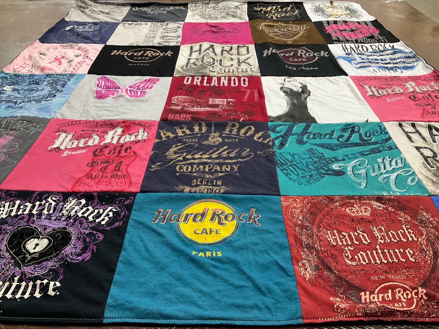 T-shirt quilt with music, restaurants themes by Elaine from NV