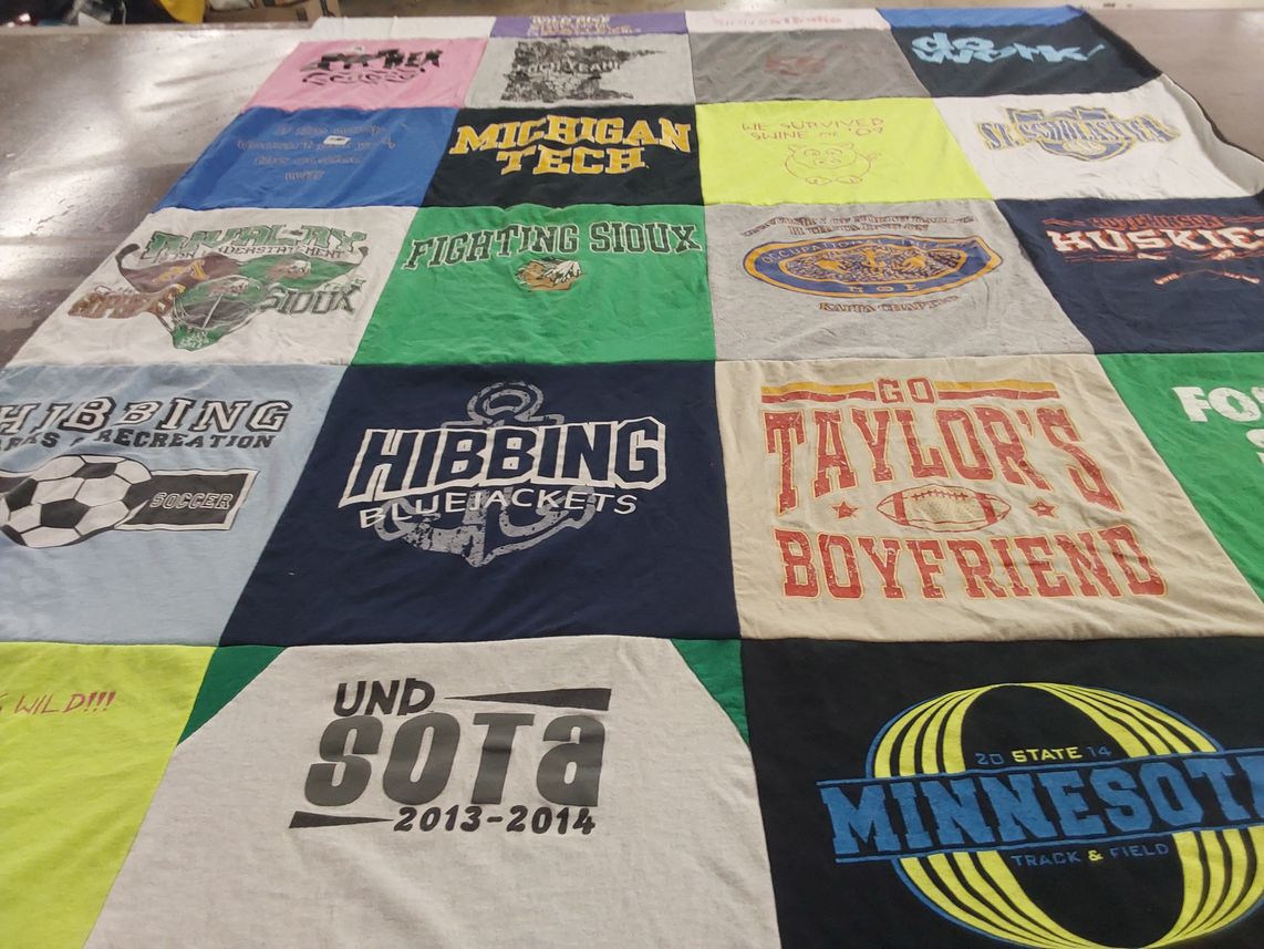 T-shirt quilt from michigan technological university, hibbing high school by Rebekah from MN