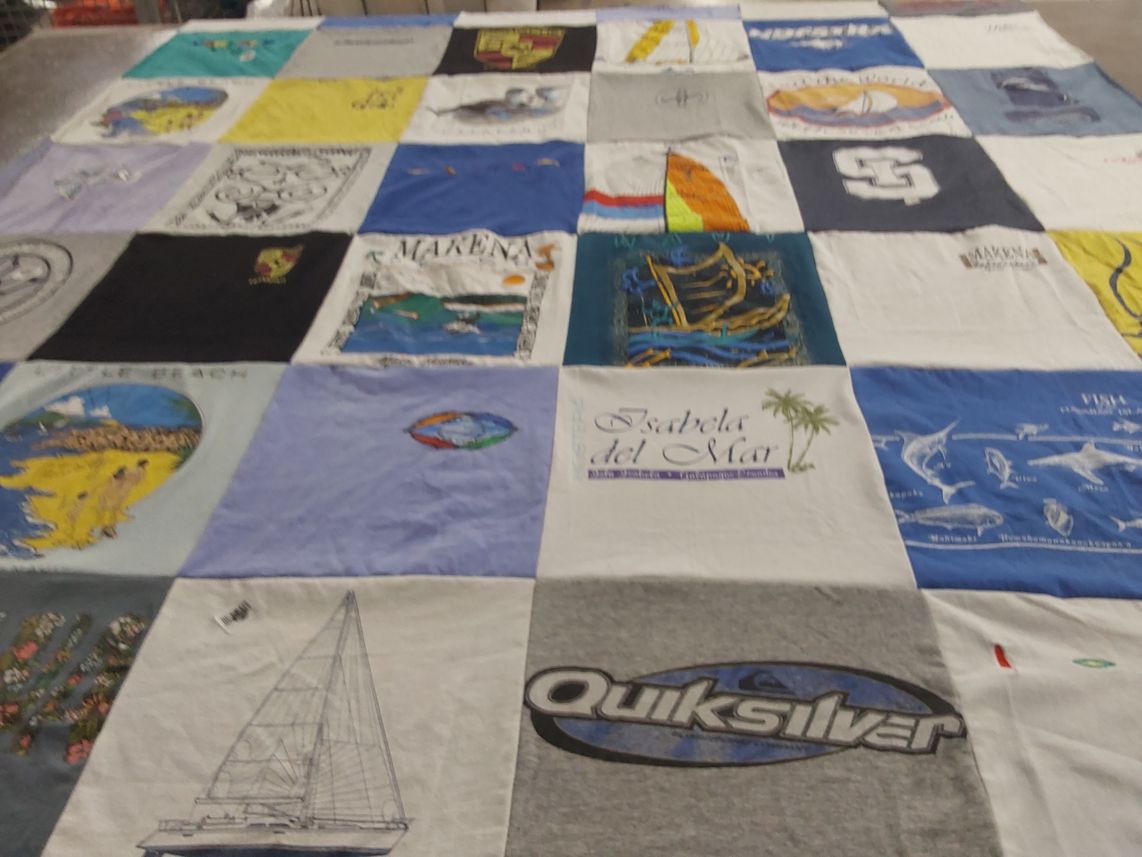 T-shirt quilt with sailing, beach life themes by Ellen from HI