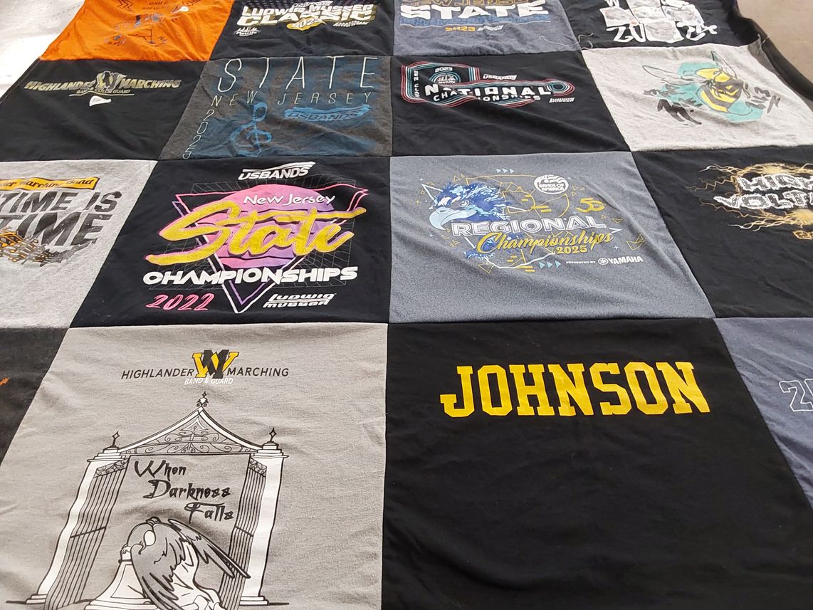 T-shirt quilt with marching band, music themes by Lisa from NJ